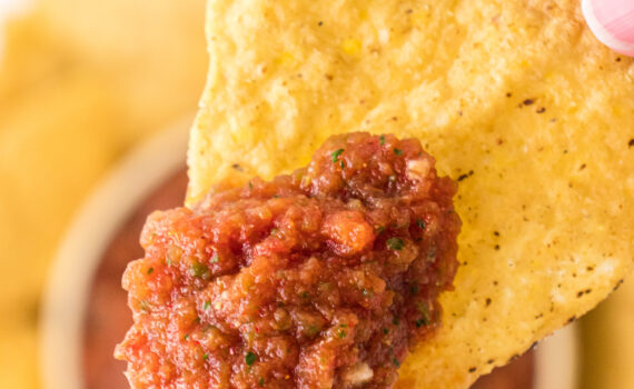 one bite of salsa on a tortilla chip