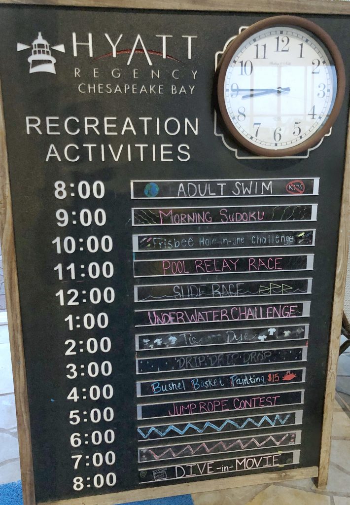 activity board of free activities at the Hyatt Chesapeake